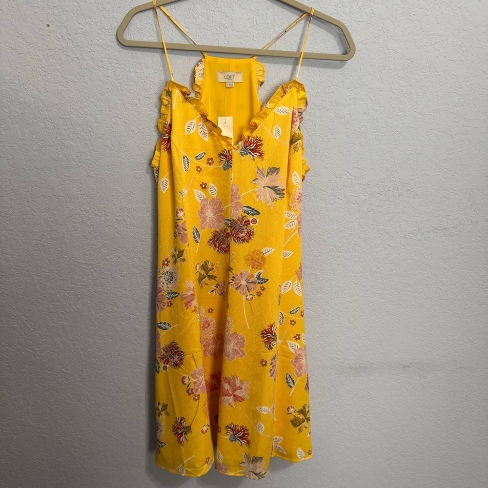 Loft Yellow Floral Ruffle Neckline Lined Slip Dress 12 New